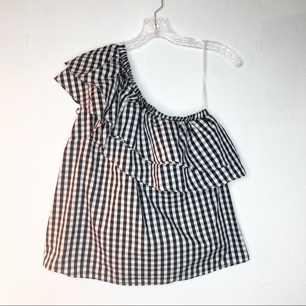 Halogen Gingham Asymmetrical Ruffle Top Size Small